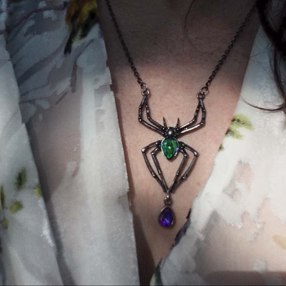 Green & Purple rhinestone gunmetal spider necklace